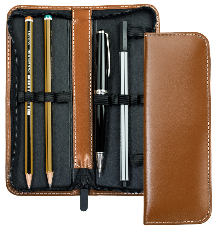 Lehrer Stifteetui mit Reißverschluss 10 + 2 - CAMBRIDGE Top Grain Leder - hellbraun